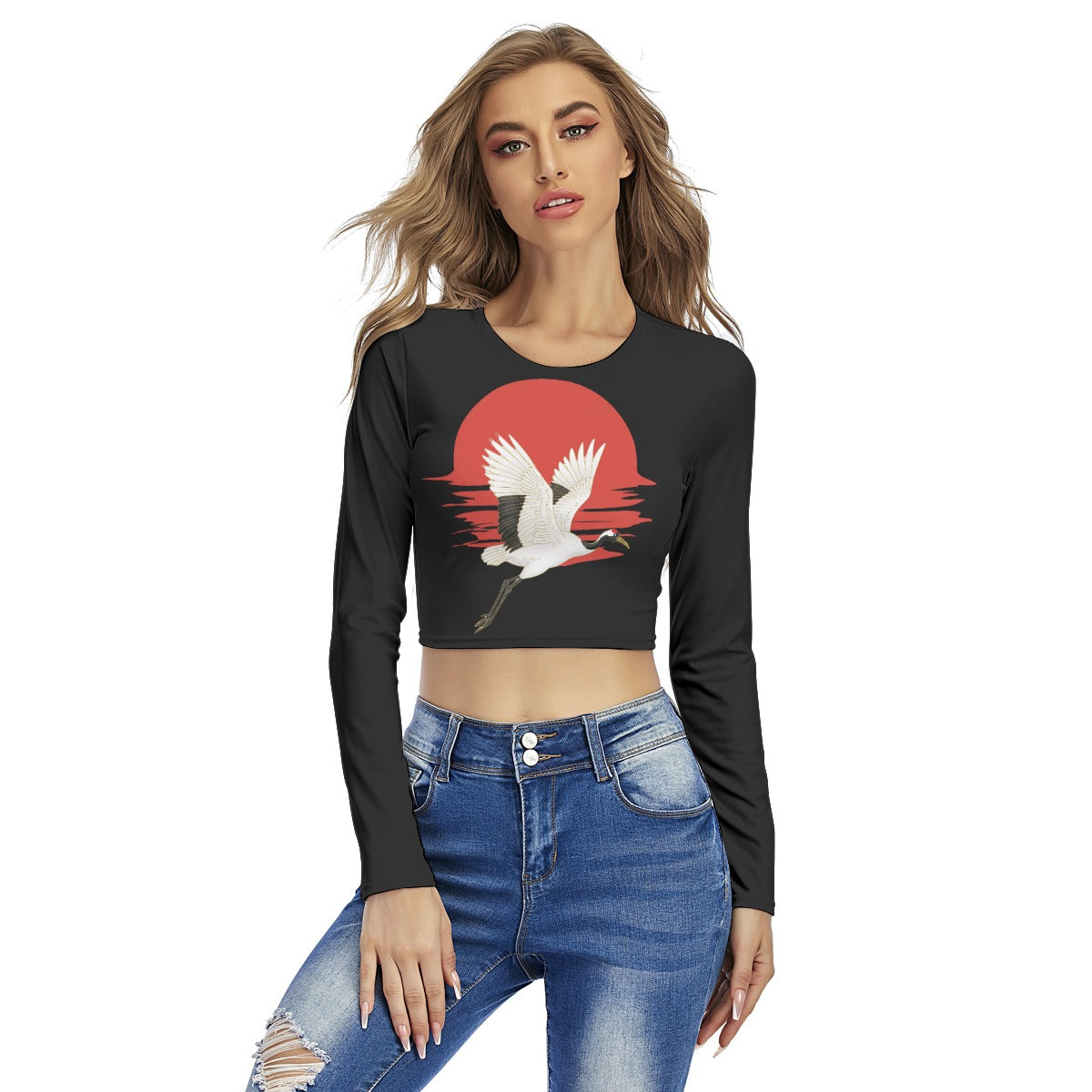 Japanese Crane Long Sleeve Crop Top Rising Sun | Tengura Store