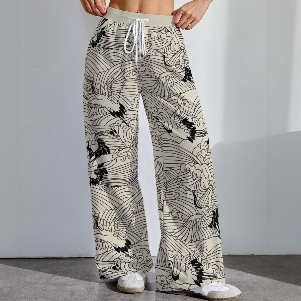 Wide Leg Pants with Japanese Cranes and Ocean Wave Print | Tengura Store