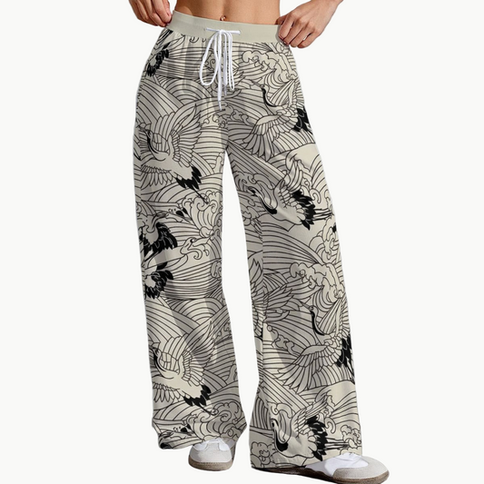Wide Leg Pants with Japanese Cranes and Ocean Wave Print | Tengura Store