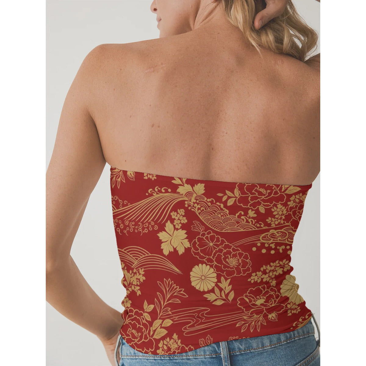 Red Strapless Top with Golden Japanese Floral Design | Tengura Store