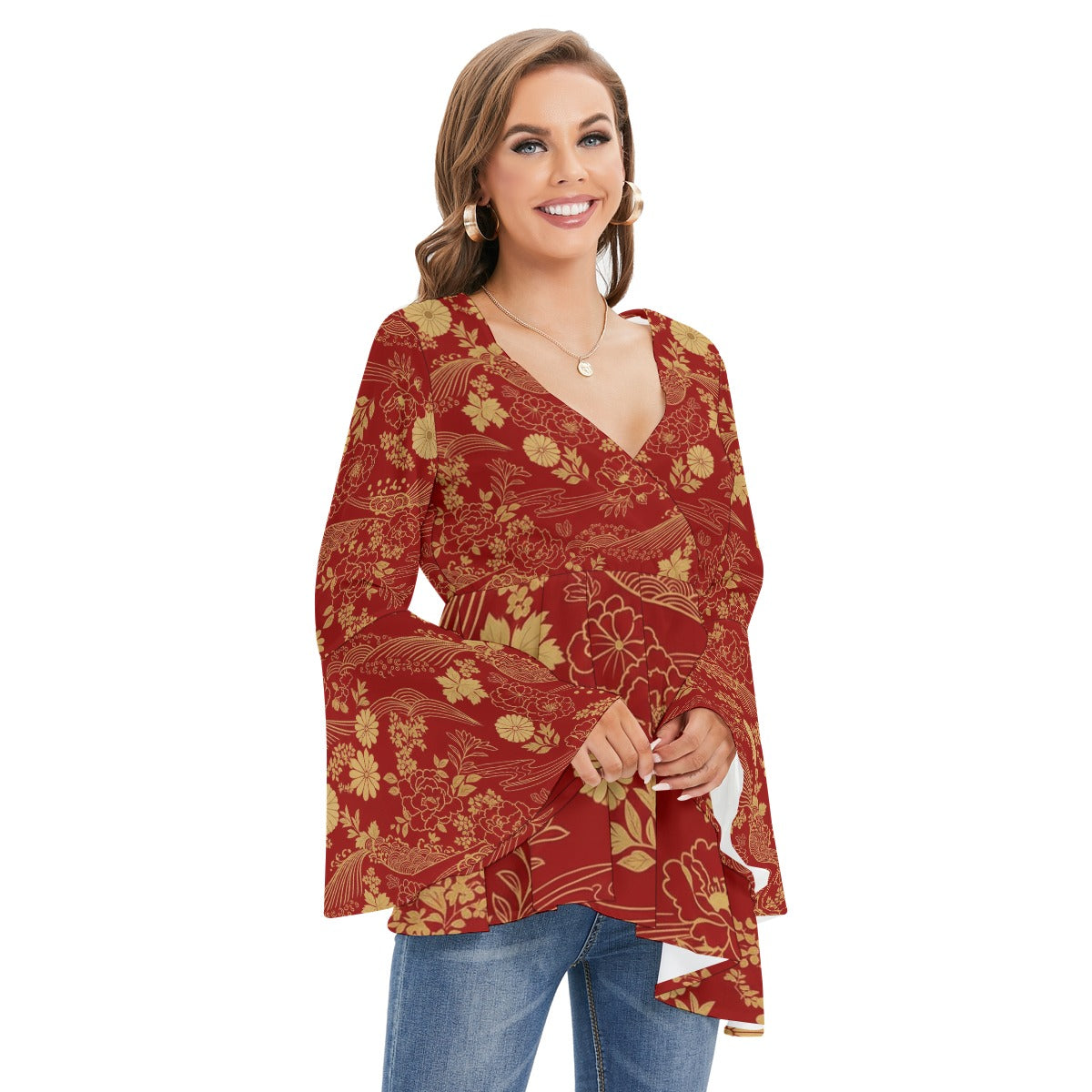 Burgundy Kimono Blouse with Chrysanthemum Pattern | Tengura Store