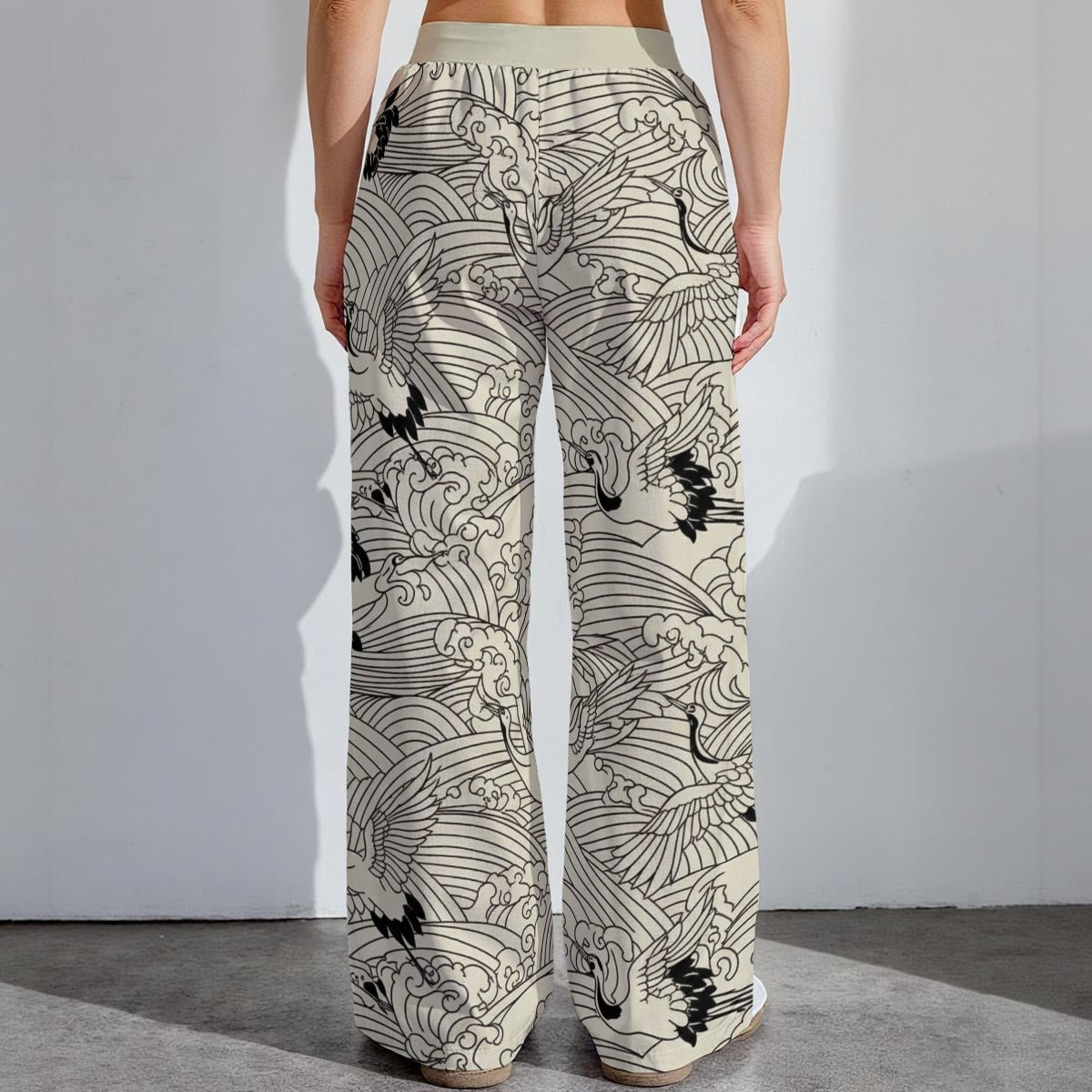 Wide Leg Pants with Japanese Cranes and Ocean Wave Print | Tengura Store