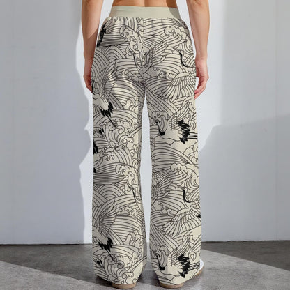 Wide Leg Pants with Japanese Cranes and Ocean Wave Print | Tengura Store