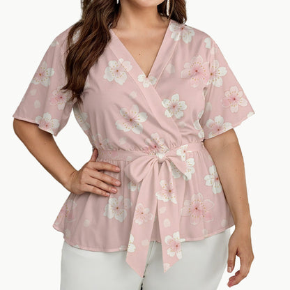 Pink Sakura Wrap Blouse with Tie Waist | Tengura Store