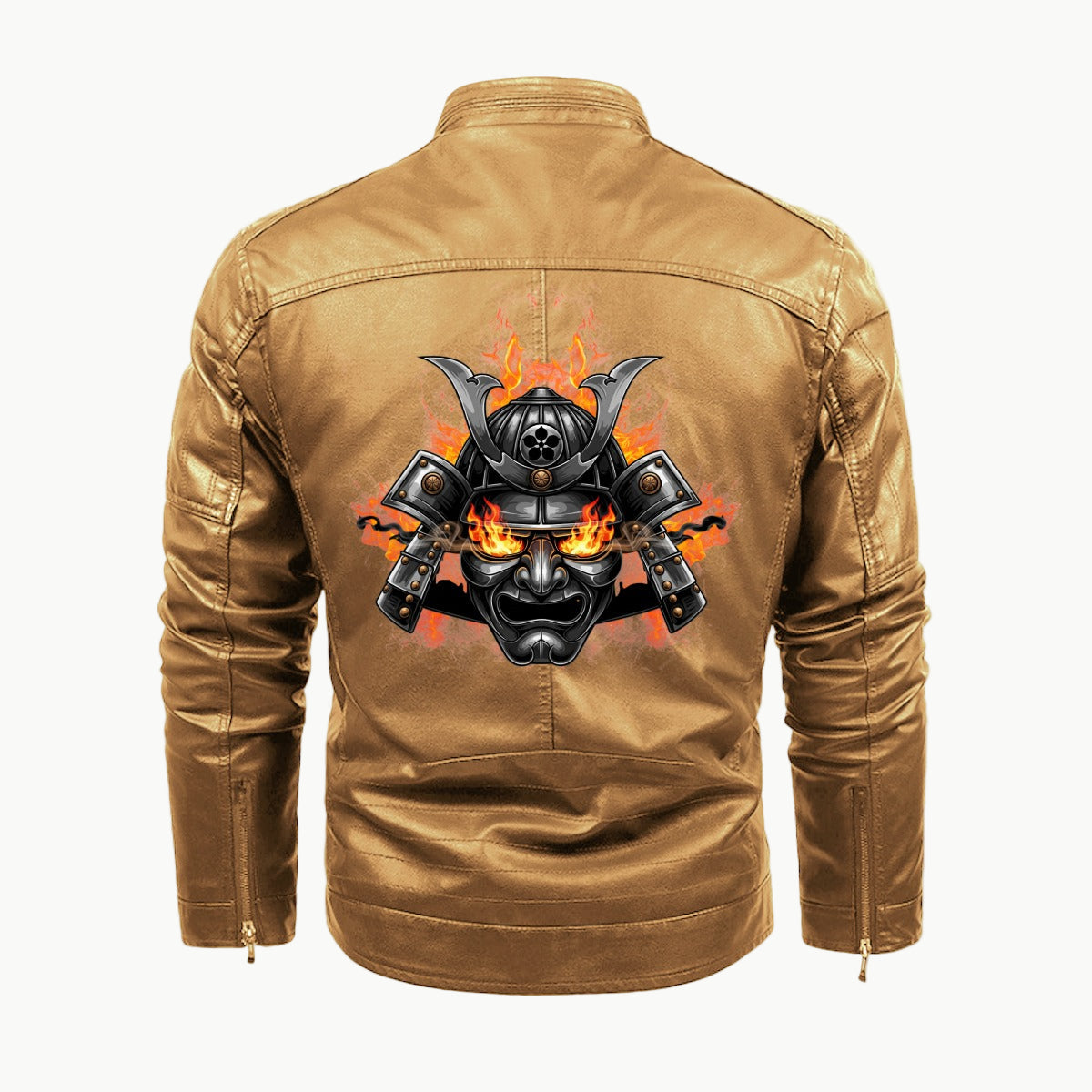 Golden Samurai Mask Bomber Jacket Flames coffee color | Tengura Store