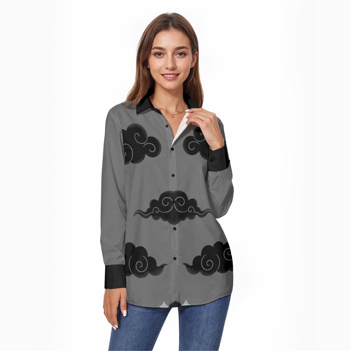 Grey Japanese Shirt - Black Cloud Pattern Button Up