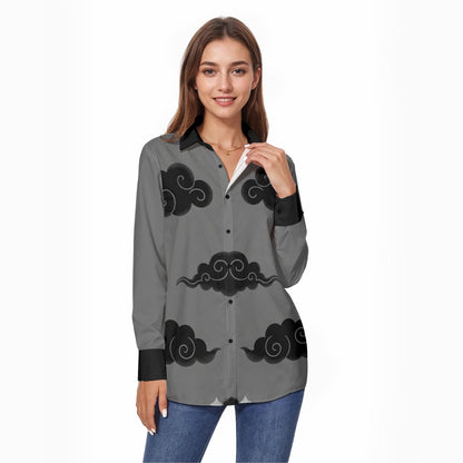 Grey Japanese Shirt - Black Cloud Pattern Button Up