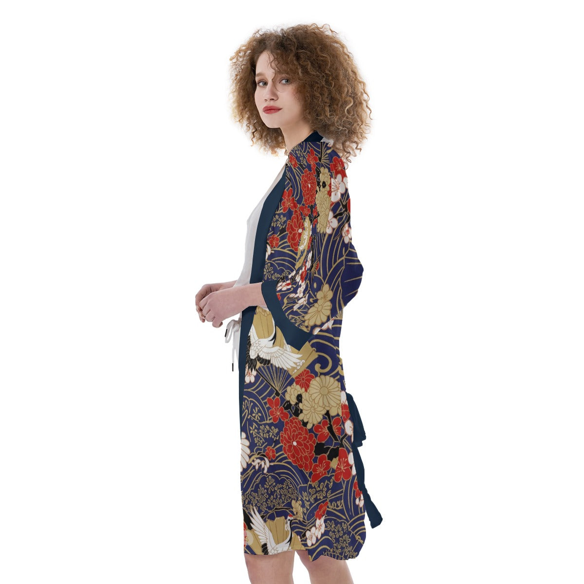 Navy Chrysanthemum Crane Japanese Kimono Robe | Tengura Store