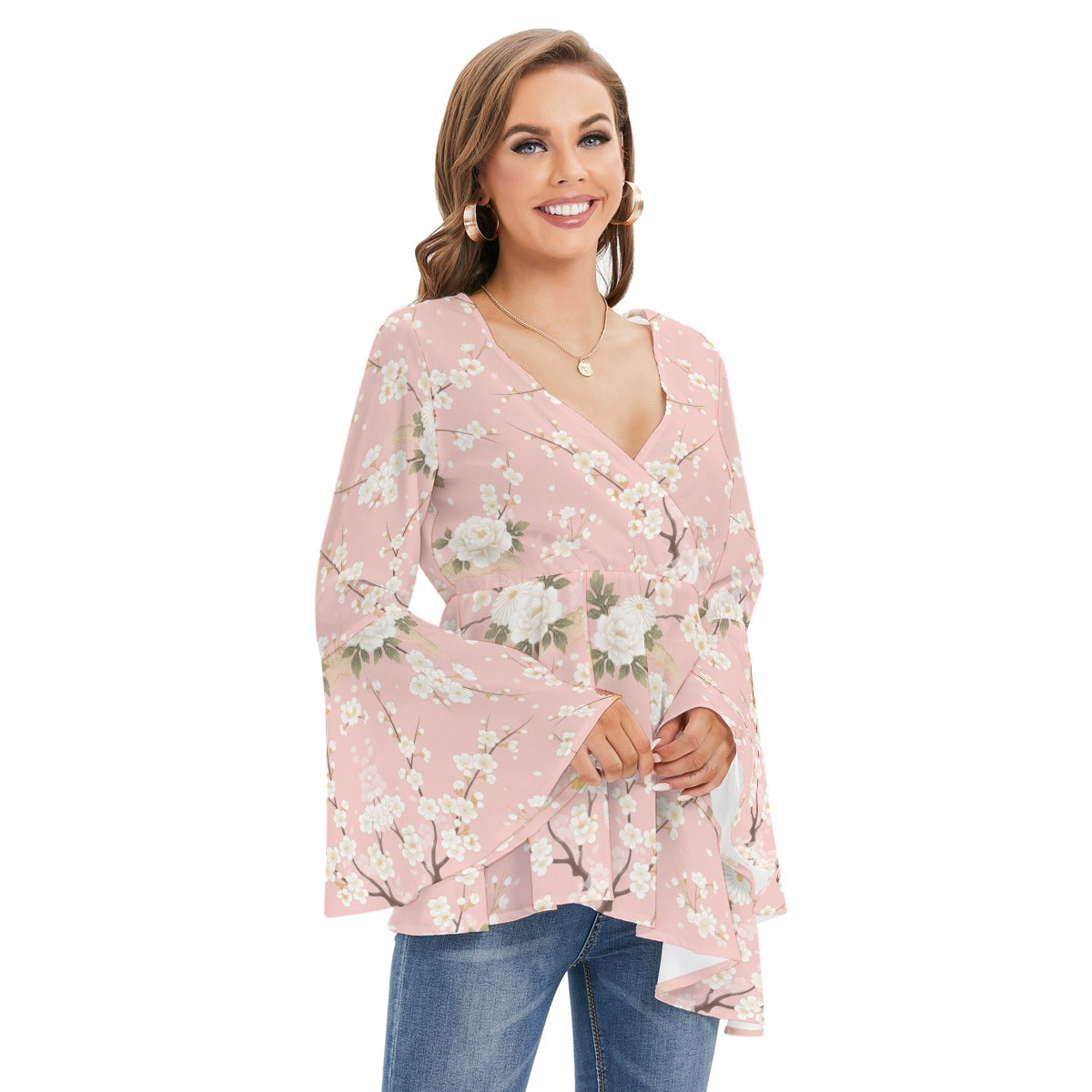 Pink Cherry Blossom Wrap Top with Bell Sleeves | Tengura Store