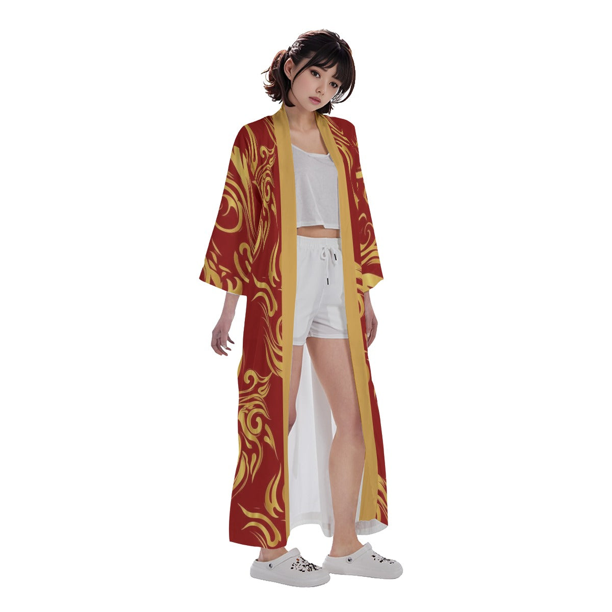 Red Gold Dragon Long Kimono Robe Cardigan | Tengura Store