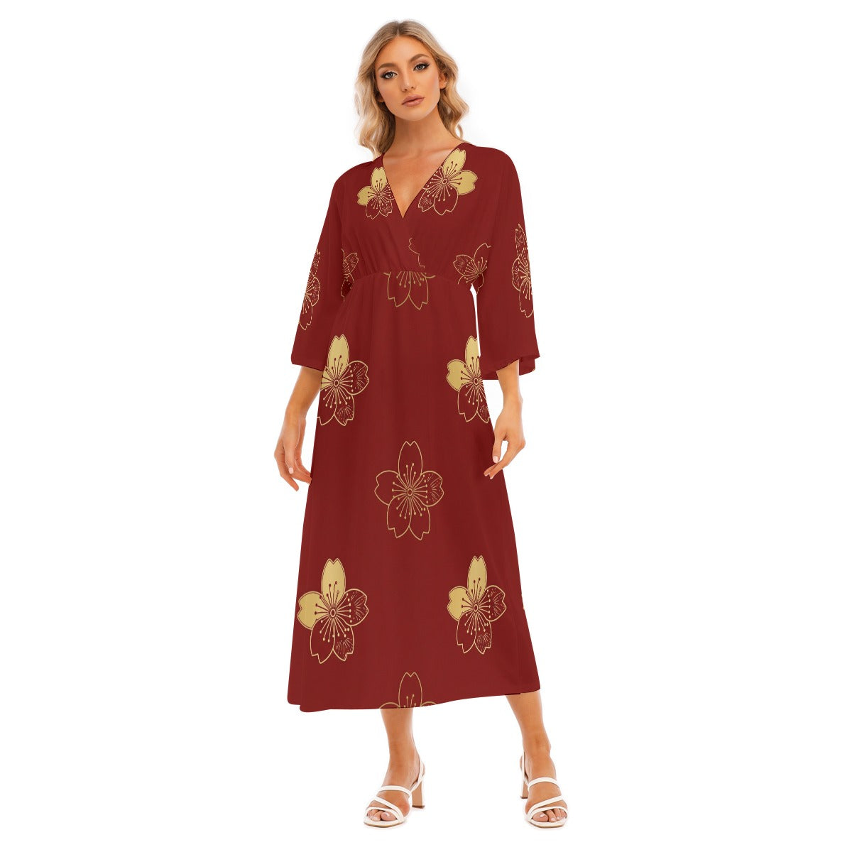 Red Kimono-Style Maxi Dress with Floral Design | Tengura Store