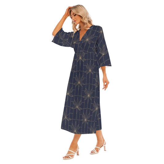 Japanese Maxi Dress Midnight Blossoms Navy Geometric Pattern | Tengura Store
