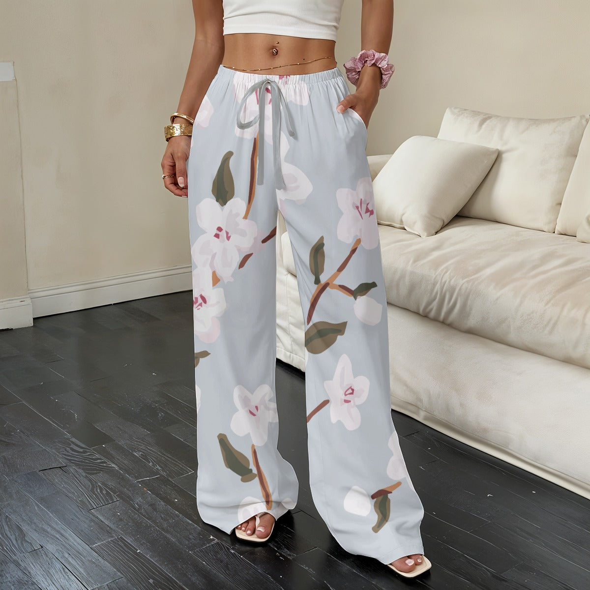 White Floral Wide Leg Lounge Japanese Casual Pants | Tengura Store