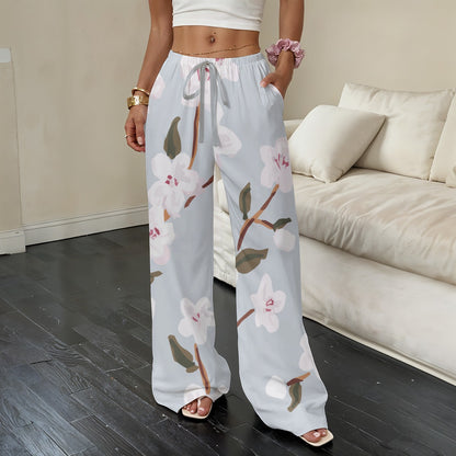 White Floral Wide Leg Lounge Japanese Casual Pants | Tengura Store