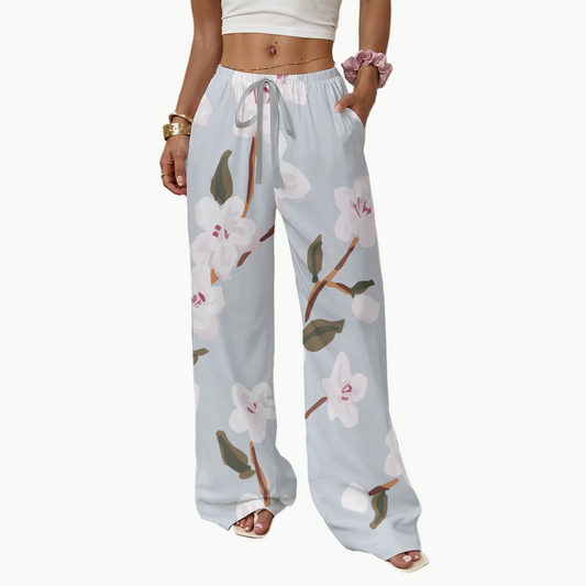 White Floral Wide Leg Lounge Japanese Casual Pants | Tengura Store