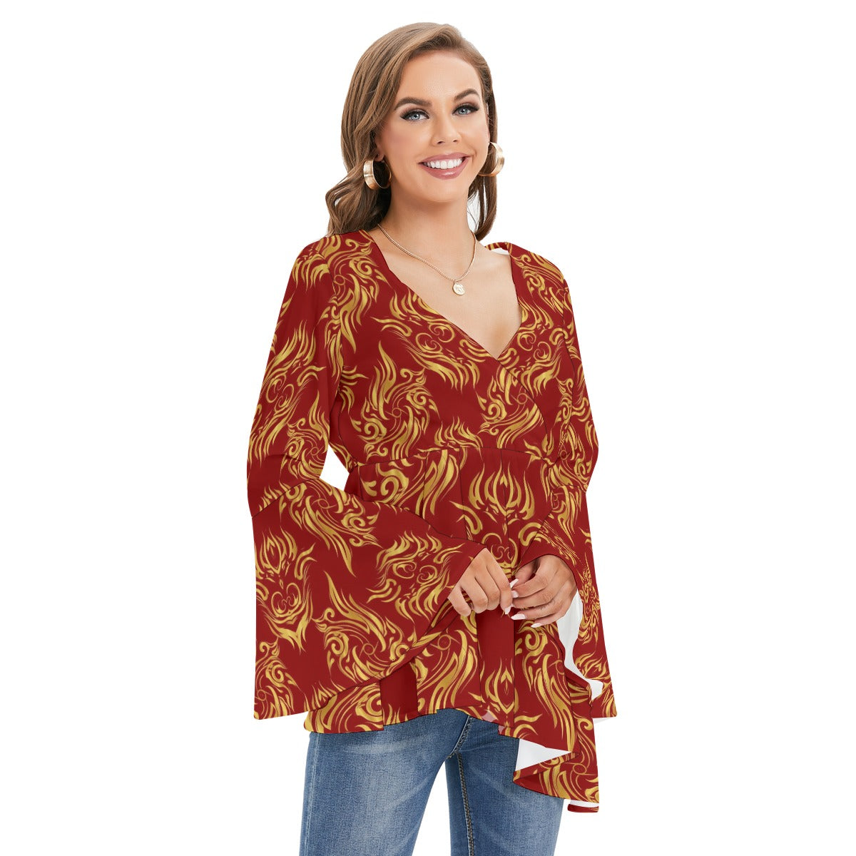 Red Phoenix Wrap Blouse with Golden Traditional Print | Tengura Store