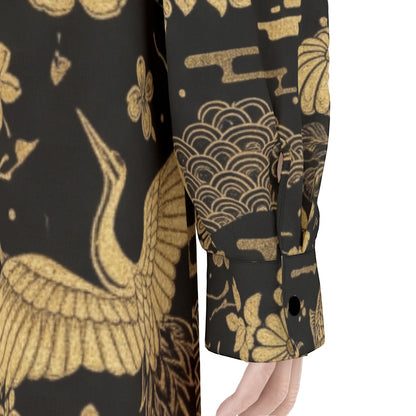 Black Midi Dress with Golden Japanese Floral Pattern | Tengura Store