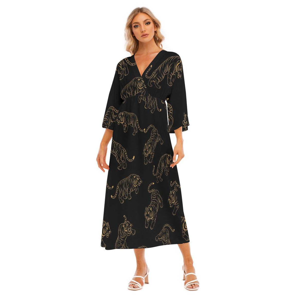 Black Japanese Dress with Golden Tiger Print | Tengura Store