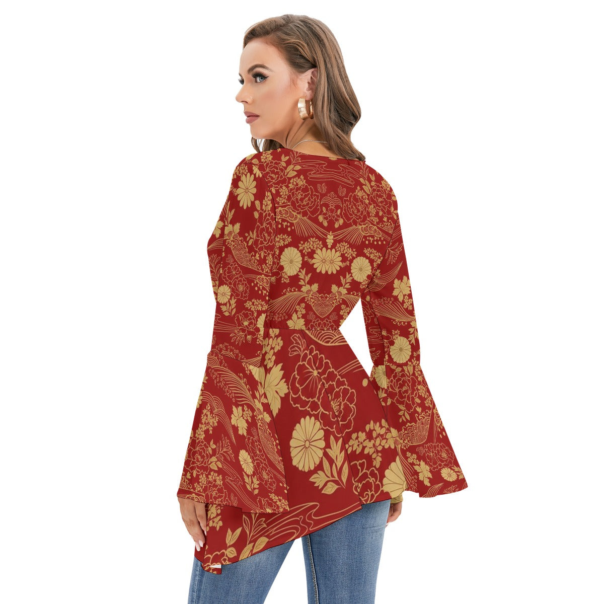 Burgundy Kimono Blouse with Chrysanthemum Pattern | Tengura Store