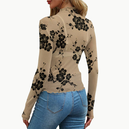 Beige Black Sakura Pattern Fitted Top-Shirt | Tengura Store