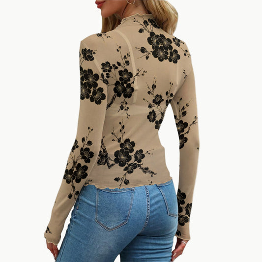 Beige Black Sakura Pattern Fitted Top-Shirt | Tengura Store