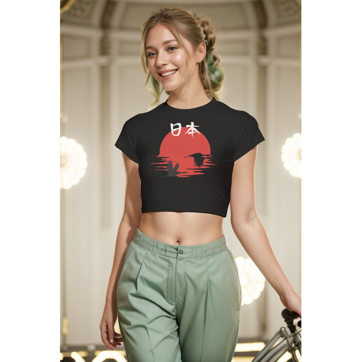 Rising Sun Japan Black Crop Top with Cranes | Tengura Store