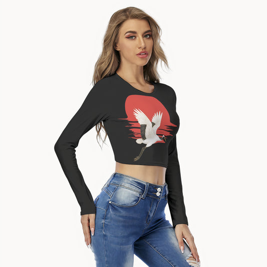 Japanese Crane Long Sleeve Crop Top Rising Sun | Tengura Store