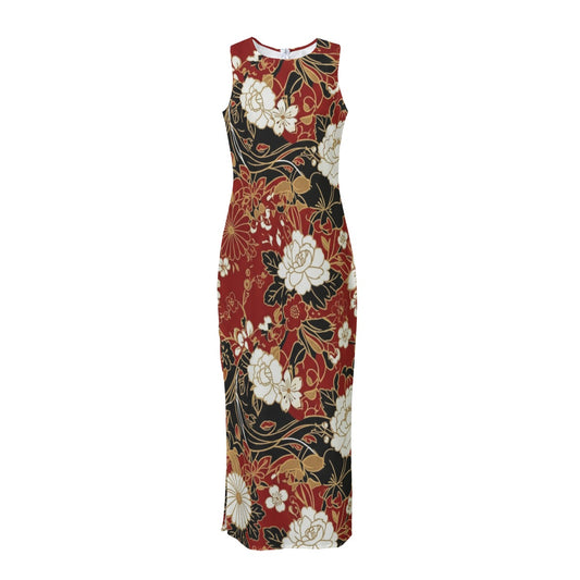 Red Black Sleeveless Maxi Dress with Japanese Garden Print | Tengura Store