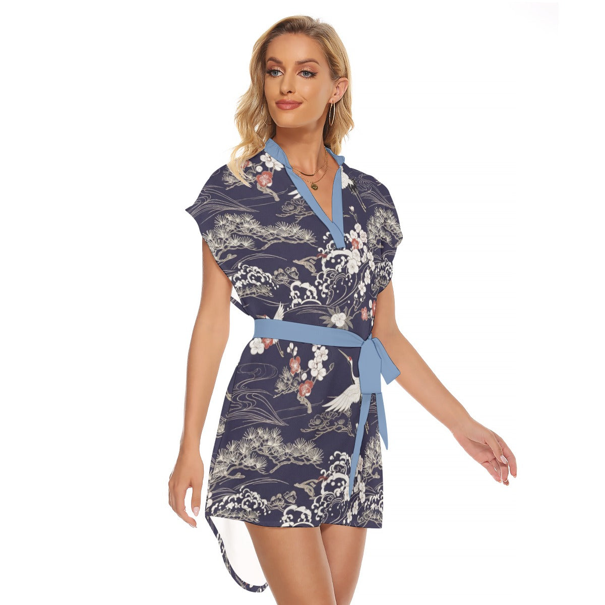 Navy Blue Crane Print Kimono Dress with Belt | Tengura Store