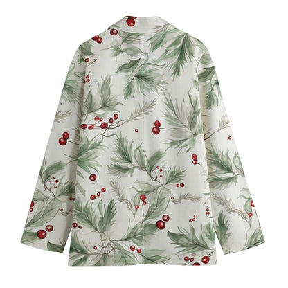 Japanese Women's Bamboo Blazer - White Floral Print with Red Berries