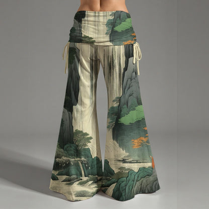 Hakama-Hose mit japanischem Landschaftsmotiv, hoher Taille und seitlichen Bindebändern | Tengura Store