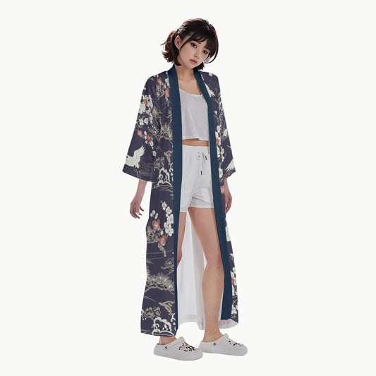 Navy Blue Crane Floral Long Kimono Cardigan M | Tengura Store