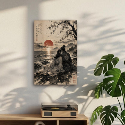 Japanese Canvas Wall Art | A pair of lovers watching the sunset over the sea | Japan Sumie Art | Tengura Store