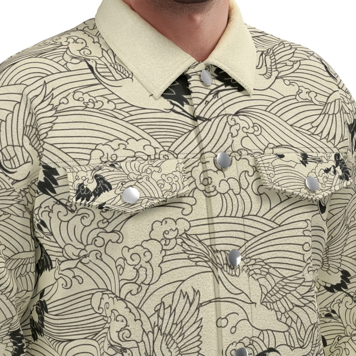 Cranes and Waves Denim Jacket - Japanese Symbol of Longevity | Tengura Store