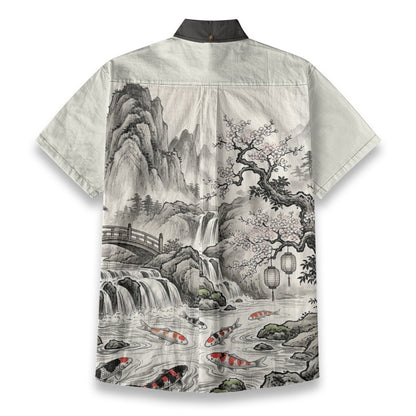 Japanese Sumi-e Shirt | Bridge and Koi Fish | 140 gsm Cotton | Tengura Store