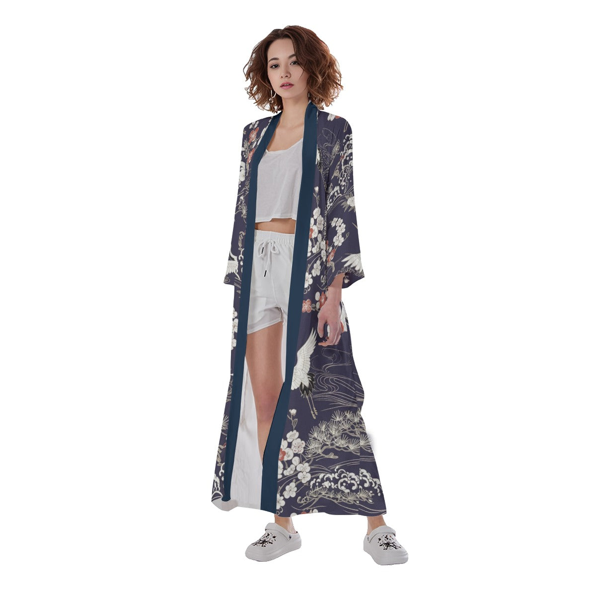 Navy Blue Crane Floral Long Kimono Cardigan | Tengura Store