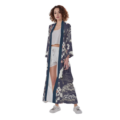 Navy Blue Crane Floral Long Kimono Cardigan | Tengura Store
