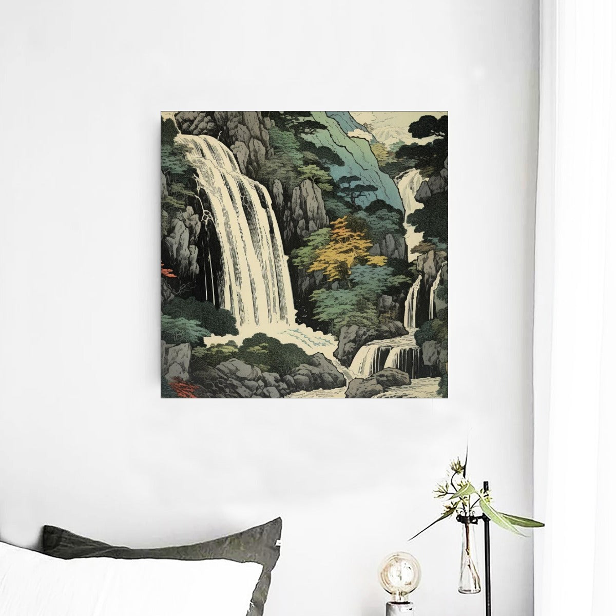 Toile japonaise paysage de montagne avec cascade | Tengura Store