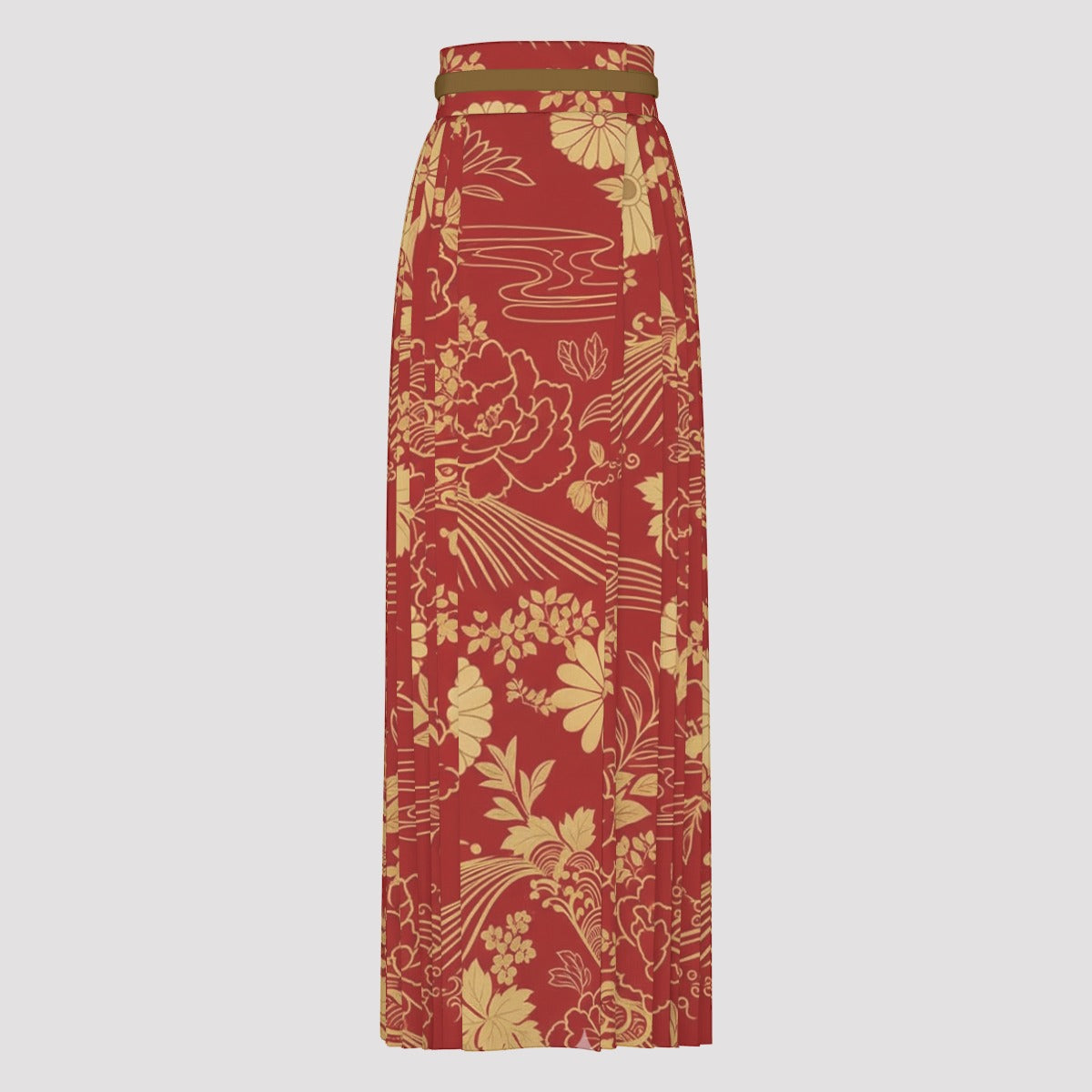 Red Golden Japanese Long Skirt with Tie Waist | Tengura Store