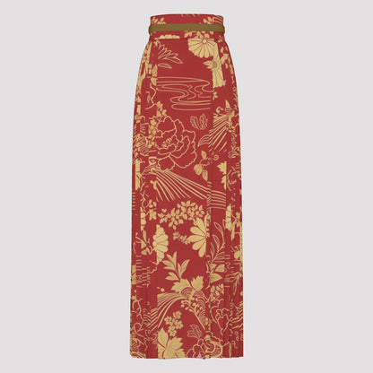 Red Golden Japanese Long Skirt with Tie Waist | Tengura Store