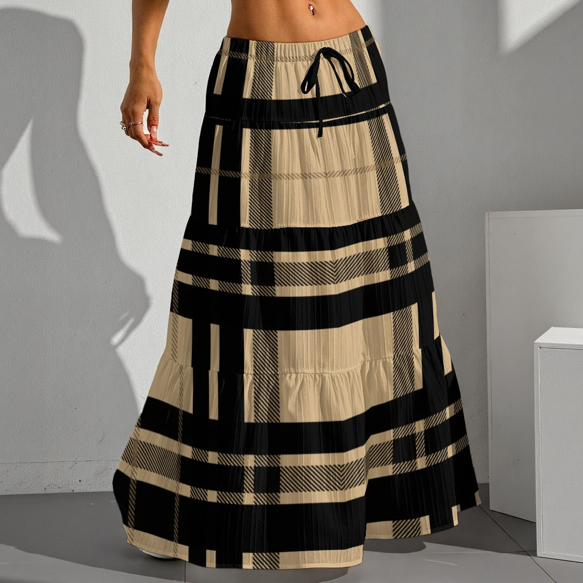Beige Black Plaid Japanese Maxi Skirt with Drawstring Waist White | Tengura Store