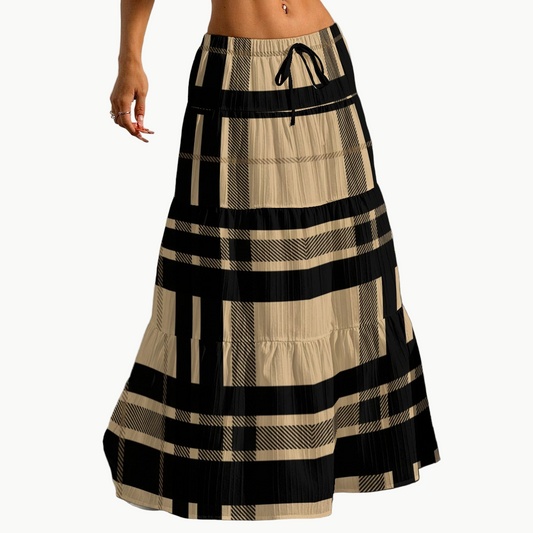 Beige Black Plaid Japanese Maxi Skirt with Drawstring Waist | Tengura Store