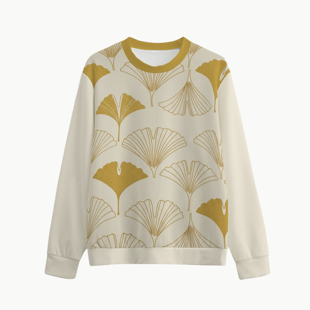 Gold Ginkgo Leaf Print Cream Sweatshirt | Tengura Store