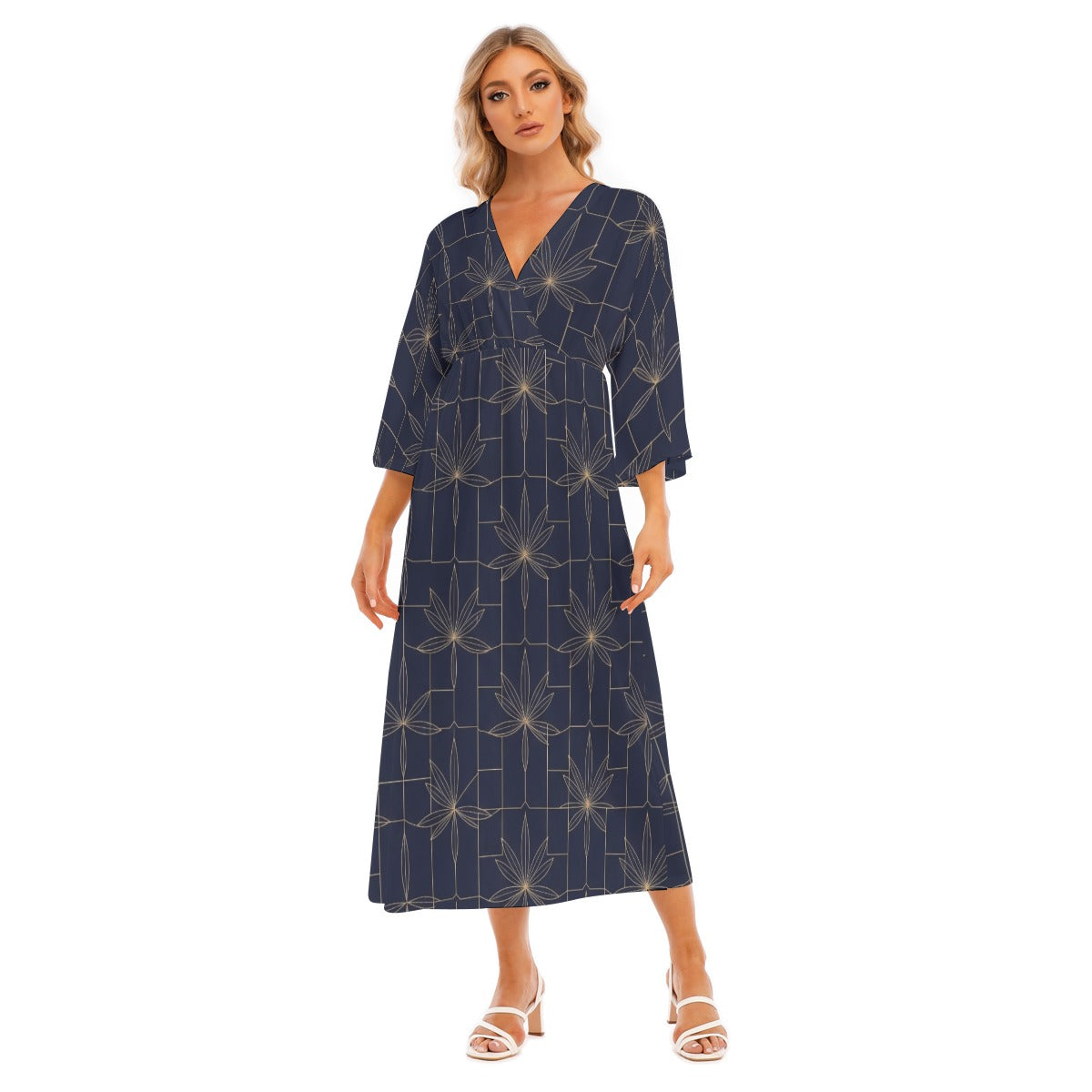 Japanese Maxi Dress Midnight Blossoms Navy Geometric Pattern | Tengura Store
