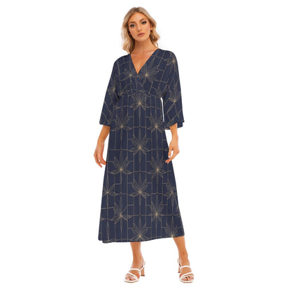 Japanese Maxi Dress Midnight Blossoms Navy Geometric Pattern | Tengura Store