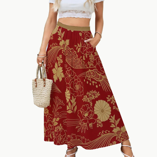 Red Japanese Floral Maxi Skirt Gold Pattern 5XL | Tengura Store