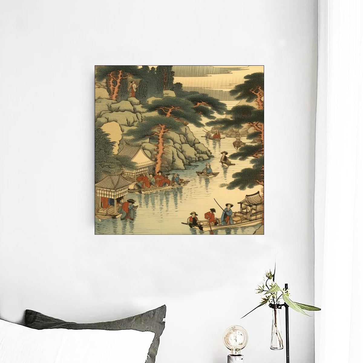 Leinwandbild mit japanischer Flussufer-Dorfszene | Tengura Store