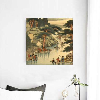 Leinwandbild mit japanischer Flussufer-Dorfszene | Tengura Store