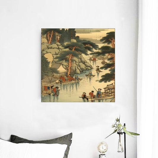 Japanese Riverside Village Scene Art Canvas