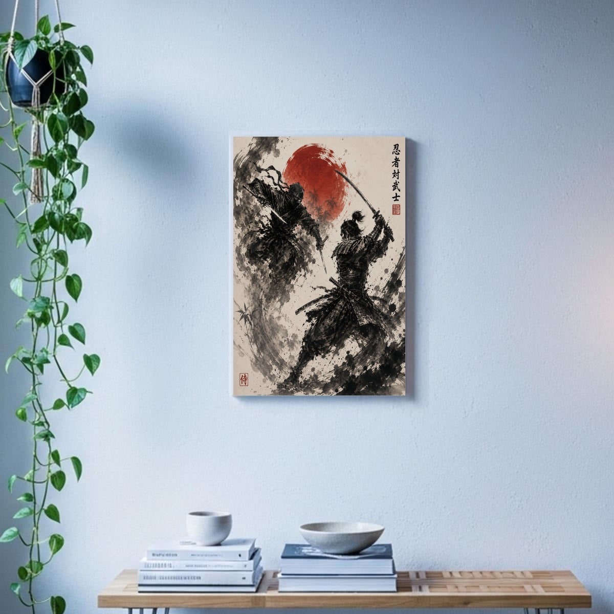 Ninja vs Samurai Duel Sumi-e Canvas Print White | Tengura Store